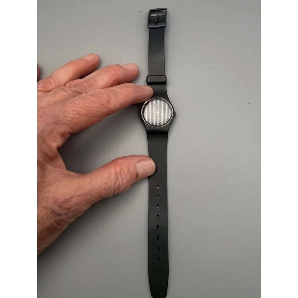 Vintage 1984 Swatch Lady LA100 Miss Chanel Miss Pinstripe Swiss Watch